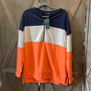 NWT Sheilay Oversized Quarter Zip Pullover Navy Tan Coral Orange XL